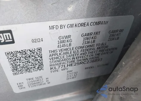 2024 Chevrolet Trax Fwd Lt из США, поврежденный, VIN KL77LHE25RC236893